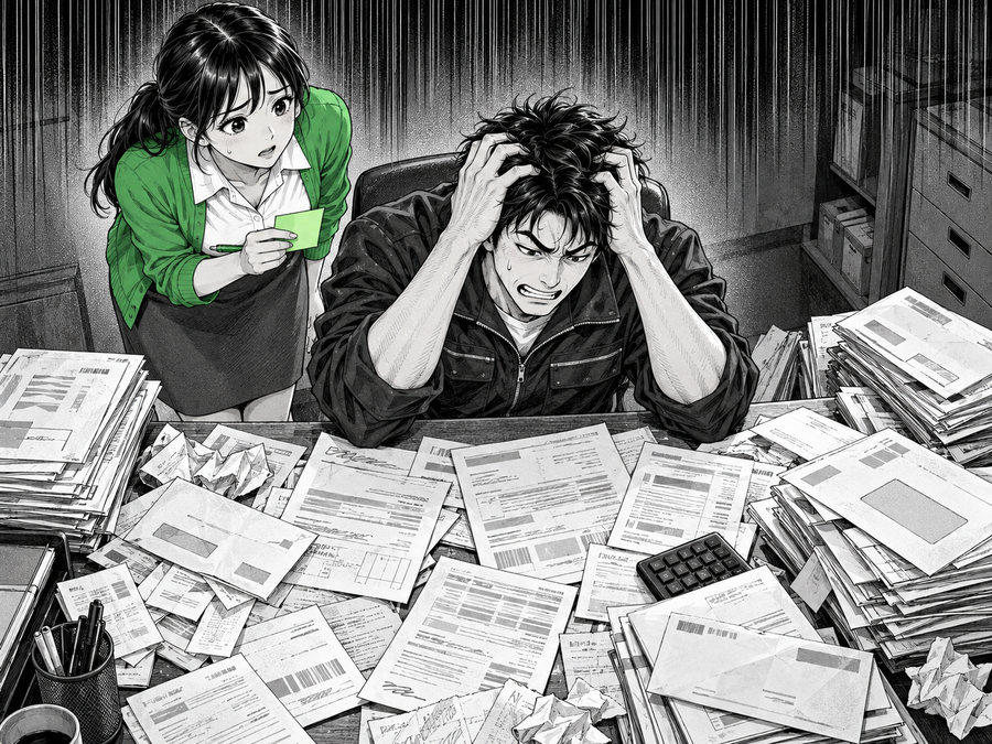 請求書の山の前で頭を抱えるドライバー