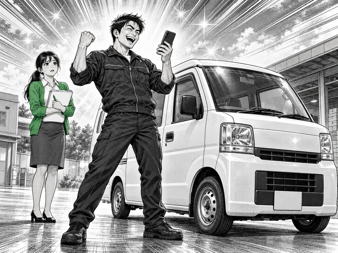 軽バンの横でスマホを見て喜ぶドライバーと、心配そうに見る緑の服の女性スタッフ
